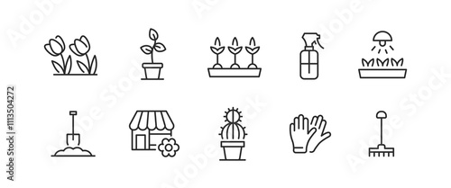 Garden icons set. A collection of 10 essential gardening symbols including tools, plants, and equipment, ideal for landscaping themes, horticultural websites. Vector illustration