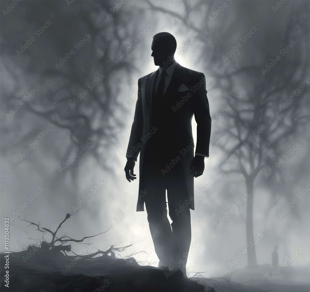 Obraz premium Illustration of man in suit silhouette with dramtaic background.