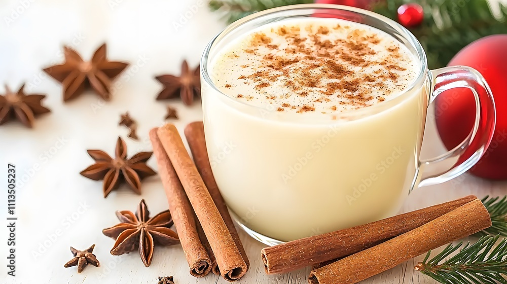 Festive Holiday Drink A Cup of Creamy Eggnog Cozy Kitchen Beverage Photography Warm Atmosphere Close-Up View Seasonal Delight Festive Holiday Drink A Cup of Creamy Eggnog Cozy Kitchen Beverage Photography Warm Atmosphere Close-Up View Seasonal Delight