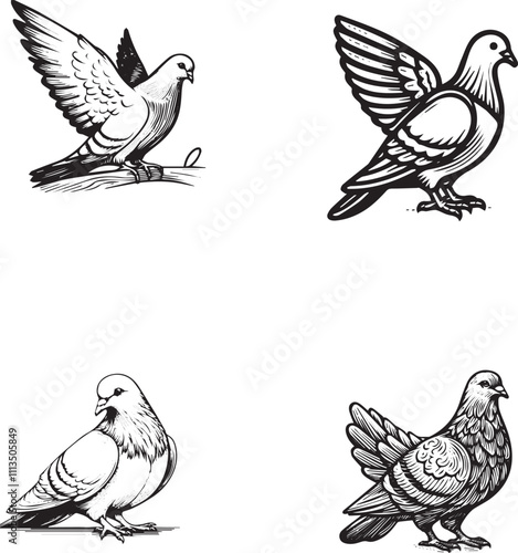 Silhouettes of Various Pigeon Types - Artistic Black and White Designs