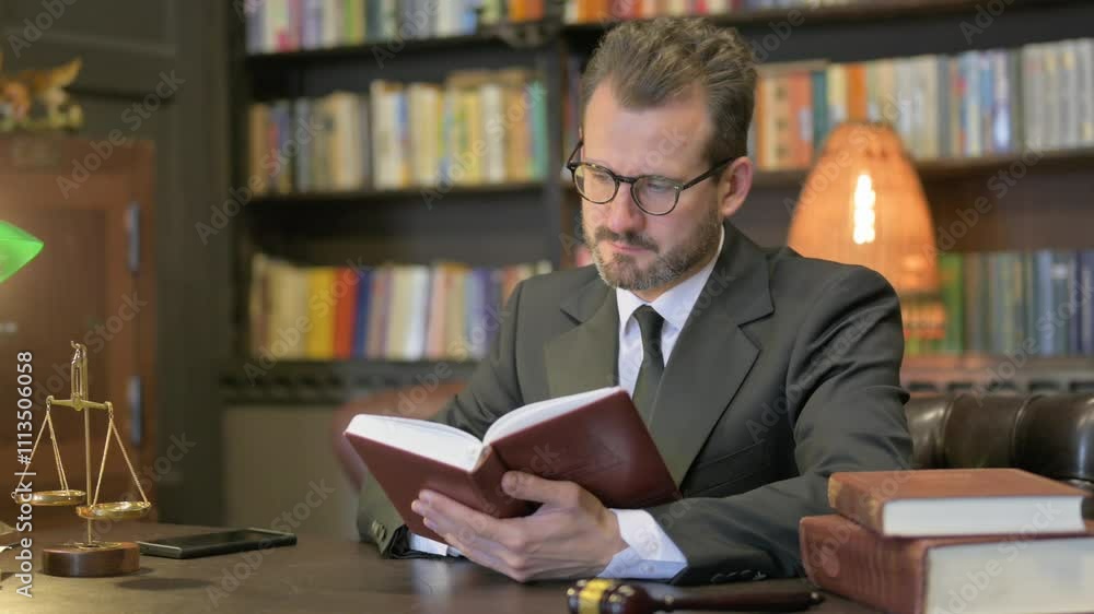 Middle Aged Lawyer Reading Book in Office Middle Aged Lawyer Reading Book in Office