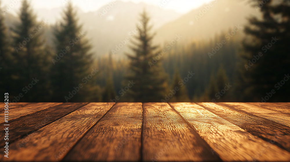 A wide-angle view of a rustic wooden table with intricate grain patterns in the foreground. The blurred background showcases a mountain landscape, with evergreen trees and patches of mist hanging A wide-angle view of a rustic wooden table with intricate grain patterns in the foreground. The blurred background showcases a mountain landscape, with evergreen trees and patches of mist hanging