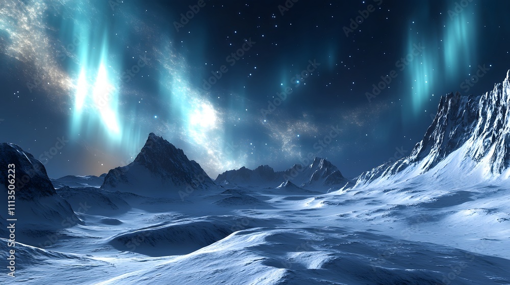 Naklejka premium A serene winter landscape illuminated by auroras and starlit skies.