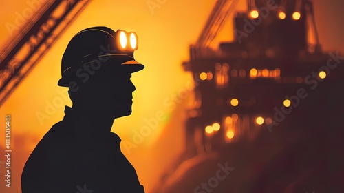 Silhouetted miner in hard hat with head lamp standing in front of an industrial facility at dusk. photo