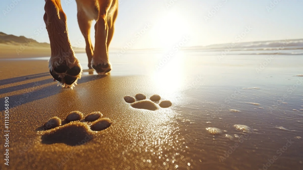 A pair of dog paws walking on a sandy beach, leaving paw prints in the wet sand