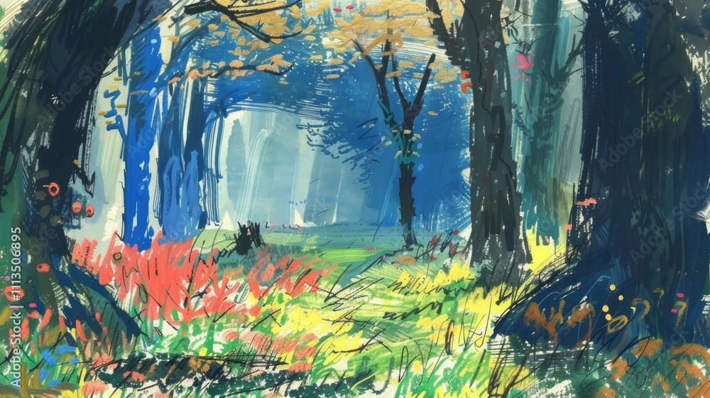 Fototapeta premium Enchanting forest path with vibrant flowers and trees.