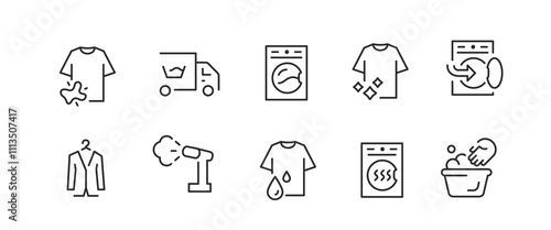Cleaner icons. Set of 10 laundry trendy minimal icons. Stain, washing machine, clean suit, hand wash, dryer icon. Design signs for web page, mobile app, packaging design. Vector illustration