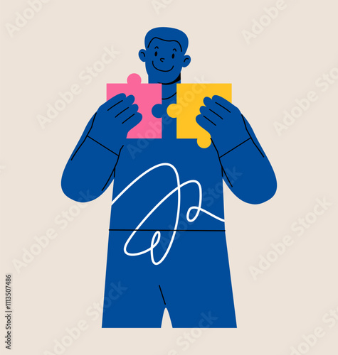 Problem-solving. Man connecting puzzle pieces. Colorful vector illustration