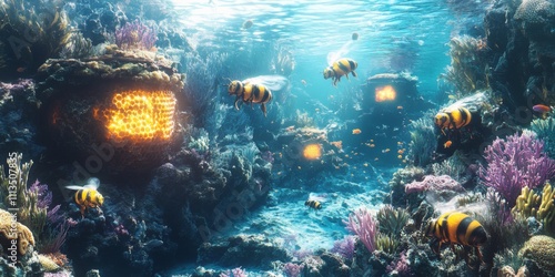Wallpaper Mural Underwater Scene of Colorful Coral Reef with Bees Swimming Around and Glowing Structures Illuminating the Ocean Floor in a Vibrant Ecosystem Torontodigital.ca