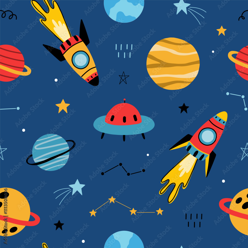 Fototapeta premium Seamless pattern with cute planets, stars, ufo, earth, constellations, rockets, space, saturn on dark blue background. Creative kids texture for fabric, prints, wallpaper, decorations, textiles.