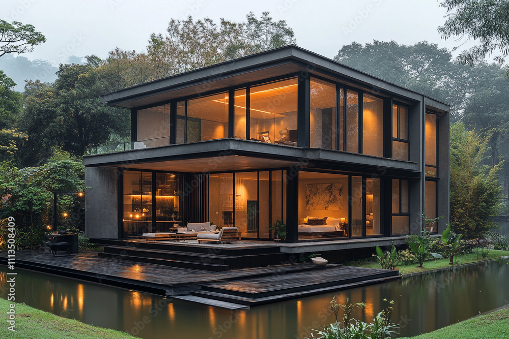 Modern Two Story Glass House Beside a Pond Modern Two Story Glass House Beside a Pond