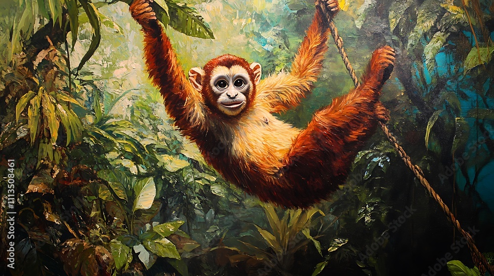 Playful orangutan swinging on a vine in lush rainforest. Playful orangutan swinging on a vine in lush rainforest.