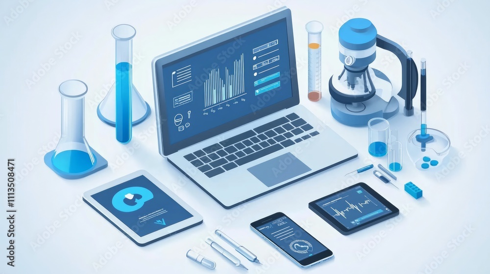 Flat lay illustration of technology and science tools, including laptop, tablets, beakers, and microscopes, arranged on a light background. Flat lay illustration of technology and science tools, including laptop, tablets, beakers, and microscopes, arranged on a light background.