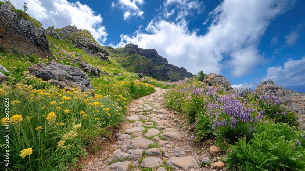 A scenic stone pathway winding through vibrant flowers and lush greenery under a blue sky. A scenic stone pathway winding through vibrant flowers and lush greenery under a blue sky.