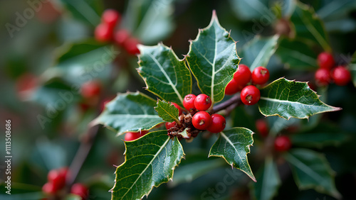 A close-up of the leaves and berries on a holly bush with vibrant red-berry accents and white leaf veins photo