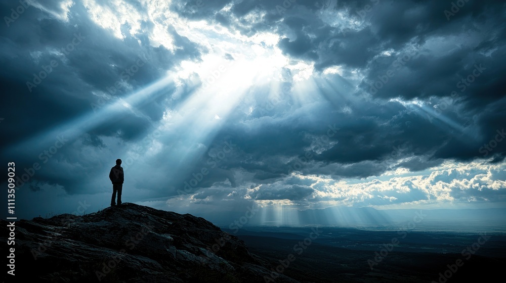 A person standing on a mountain peak, gazing at a breathtaking stormy sky, with rays of light breaking through the clouds A person standing on a mountain peak, gazing at a breathtaking stormy sky, with rays of light breaking through the clouds