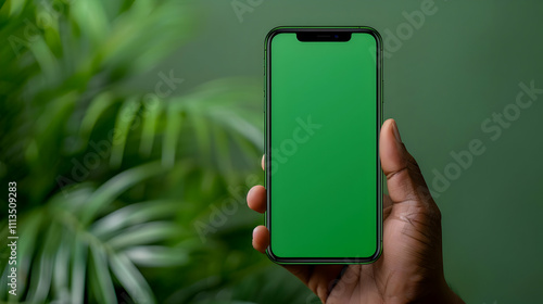 close-up mockup of a cellphone being held with a green screen visible. The cellphone is in sharp focus with a hyper-realistic texture,