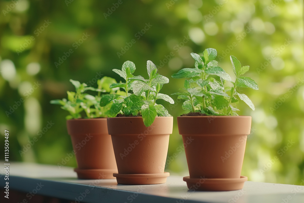 Fresh mint plants in terracotta pots on a windowsill with lush greenery in the background.. Fresh mint plants in terracotta pots on a windowsill with lush greenery in the background..