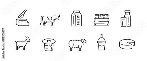 Dairy icons. Set of 10 dairy trendy minimal icons. Cow, Milk Carton, Cheese, Milk Bottle, Yogurt, Cream, Goat, Milkshake . Design signs for web page, mobile app, packaging design. Vector illustration