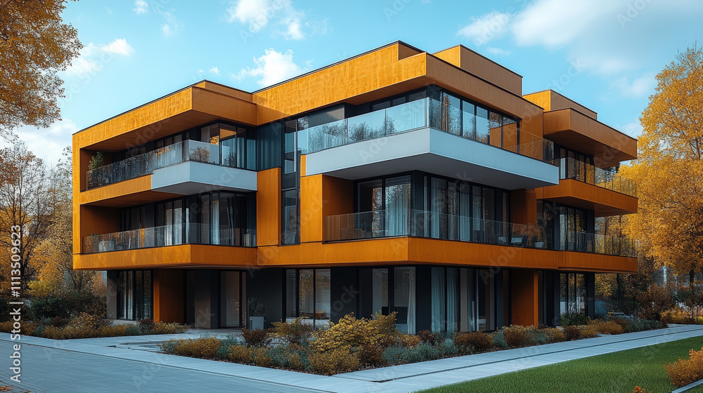Modern architectural design of a contemporary building with orange facade surrounded by trees and greenery in a serene urban environment Modern architectural design of a contemporary building with orange facade surrounded by trees and greenery in a serene urban environment