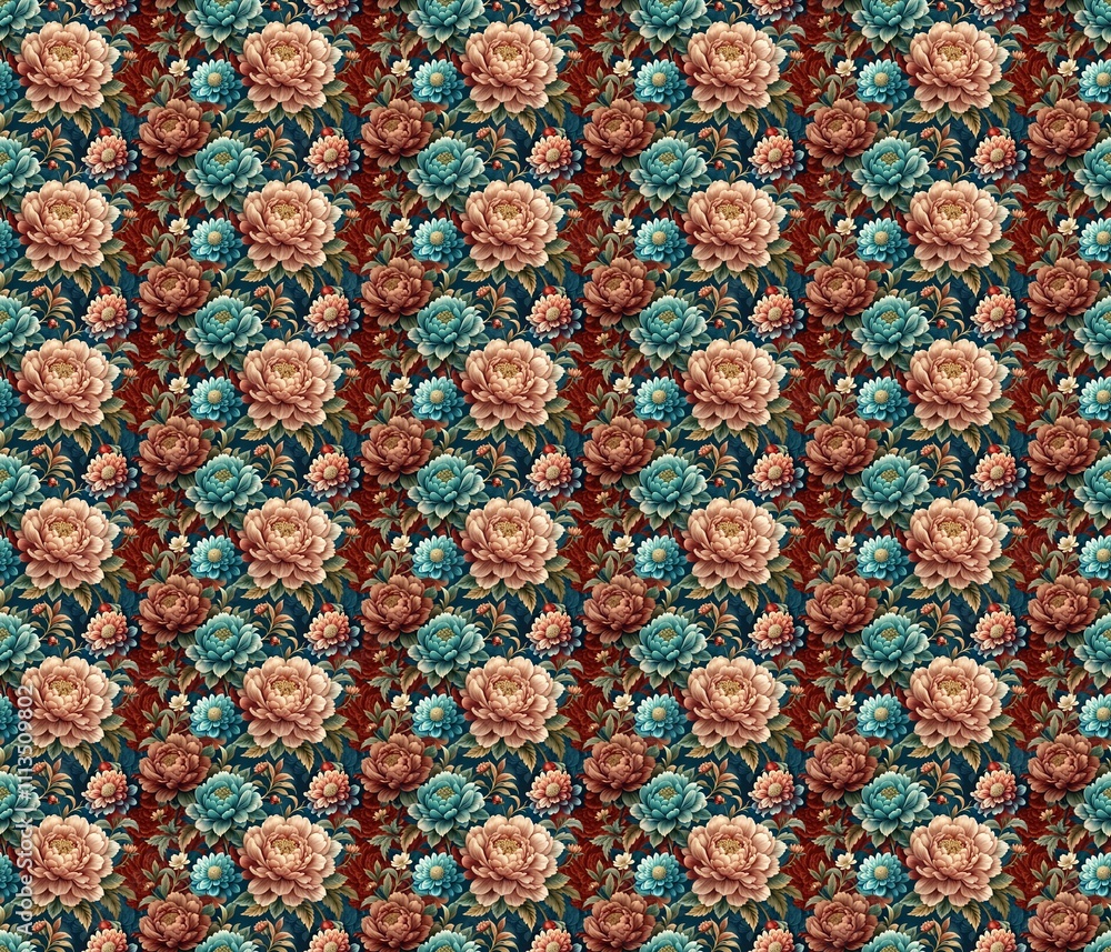 Floral Tapestry Pattern: An intricate tapestry of delicate, hand-painted roses in shades of pink and turquoise. Each flower blooms against a rich burgundy backdrop. Floral Tapestry Pattern: An intricate tapestry of delicate, hand-painted roses in shades of pink and turquoise. Each flower blooms against a rich burgundy backdrop.