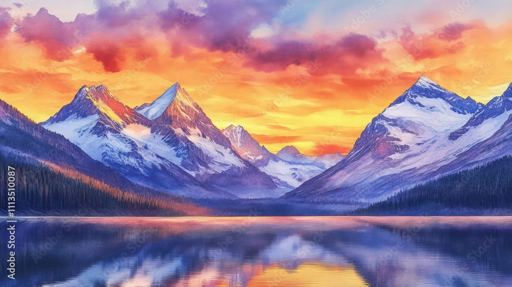 A vibrant watercolor of a majestic mountain range at sunrise, with peaks covered in snow and the sky painted in shades of orange, pink, and purple. A calm lake reflects the scene below. A vibrant watercolor of a majestic mountain range at sunrise, with peaks covered in snow and the sky painted in shades of orange, pink, and purple. A calm lake reflects the scene below.