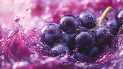 A cluster of deep purple grapes is immersed in a swirling pool of vivid liquid, capturing the essence of wine's natural beauty. The scene radiates freshness and vitality. photo