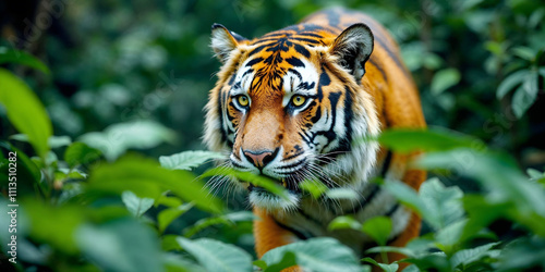 Dangerous tiger animal green leaves, Tiger looking the camera, jungle, orange tiger