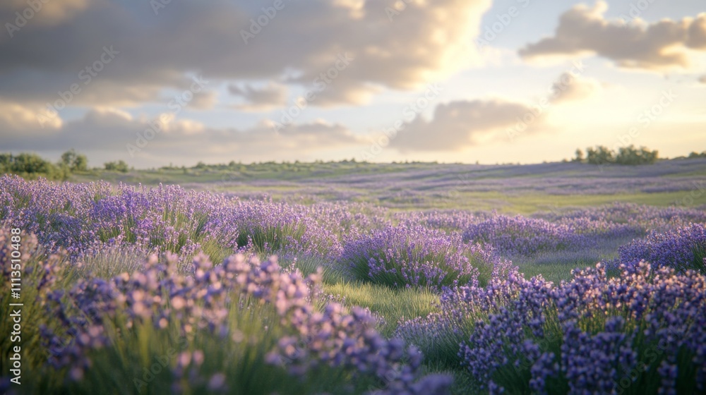 A Field of Lavender Flowers Under a Cloudy Sky at Sunset A Field of Lavender Flowers Under a Cloudy Sky at Sunset