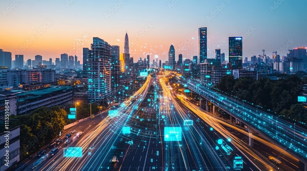 Fototapeta premium Futuristic city skyline at dawn with a network of digital data streams overlayed on a highway. High-speed traffic and modern architecture create a dynamic urban scene.