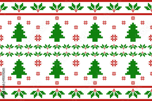 Christmas and New Year seamless pattern. Holly, Red snowflakes and Christmas tree on white pixel pattern for winter hat,jumper,sweater, wrapping,fabric,border,rim,carpets, blankets, towels.