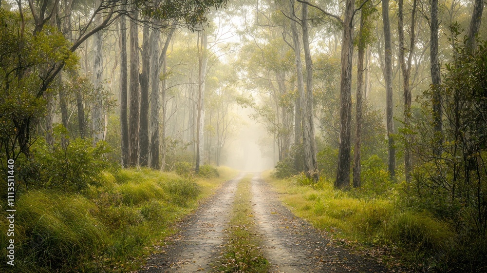 Obraz premium A serene forest path, surrounded by soft light filtering through misty trees, creating a peaceful, ethereal atmosphere.