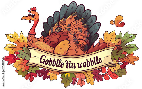 Thanksgiving Banner Featuring Cartoon Turkey With Fall Leaves Isolated On Transparent Background PNG. photo