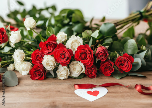 beautiful red and white roses into a stunning bouquet with lush greenery for a special occasion in a charming shop setting. Valentine\'s Day, floristry, bouquet making photo