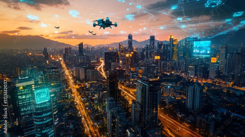 Obraz premium Futuristic city skyline at dusk with drones and network connections.