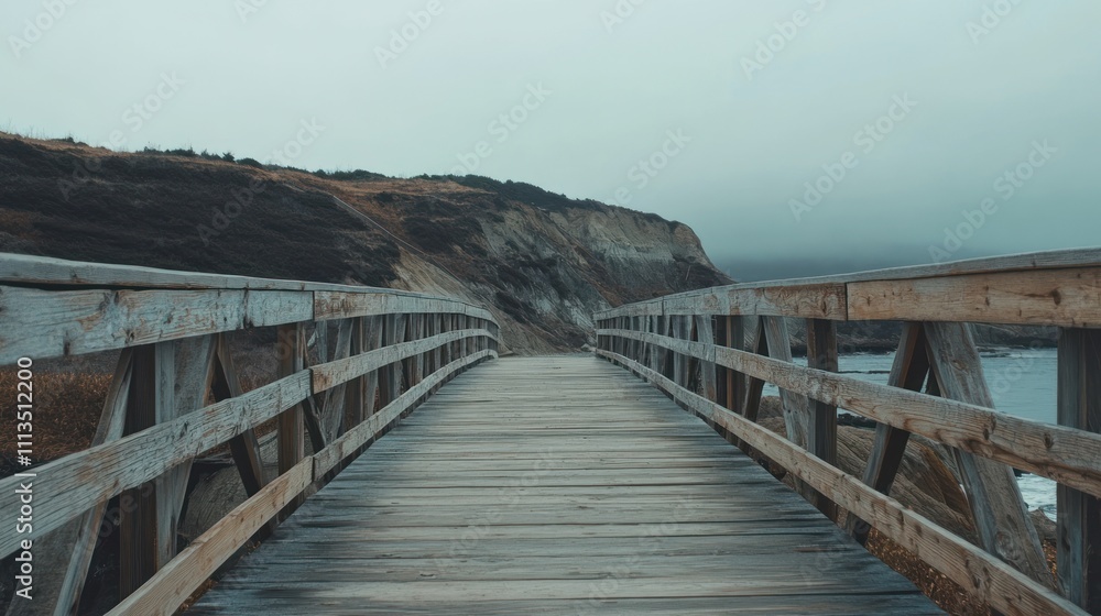 Wooden Bridge Leading To Misty Coastal Cliffs Wooden Bridge Leading To Misty Coastal Cliffs