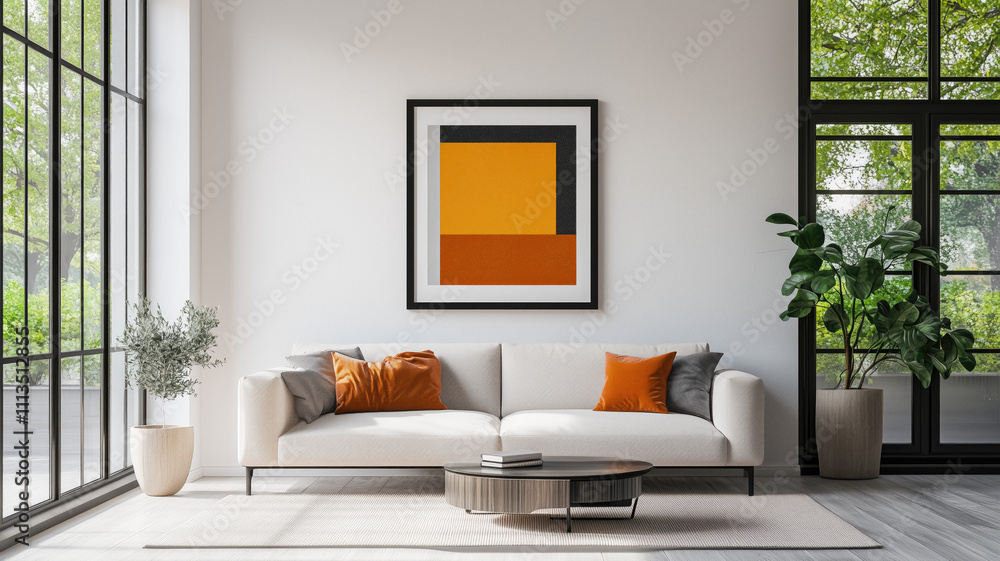Fototapeta premium Frame mockup, ISO A paper size. Living room wall poster mockup. Interior mockup with house background. Modern interior design. 3D render