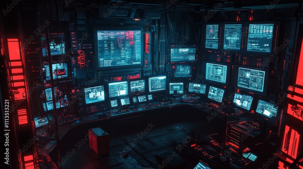 Obraz premium Futuristic dark control room filled with many computer screens displaying data and digital information. Red and blue neon lighting illuminates the room.