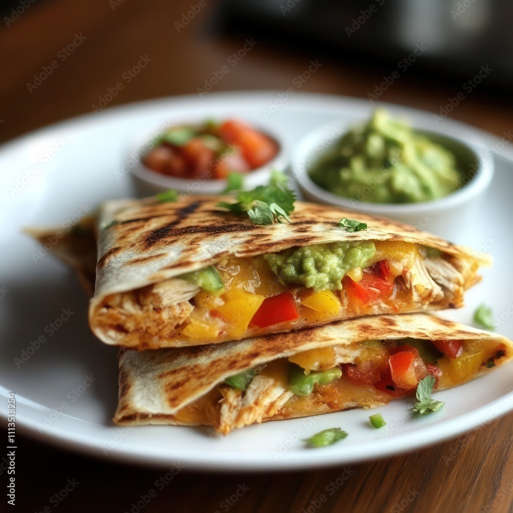 a serving of Grilled chicken quesadilla, layered with melted cheese and diced peppers, served with a side of fresh guacamole and salsa a serving of Grilled chicken quesadilla, layered with melted cheese and diced peppers, served with a side of fresh guacamole and salsa