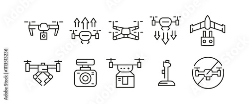 Drone icons. Set of 10 drone trendy minimal icons. Example: Quadcopter, remote control, battery, camera, FPV goggles icon. Design signs for web page, mobile app, packaging design. Vector illustration.