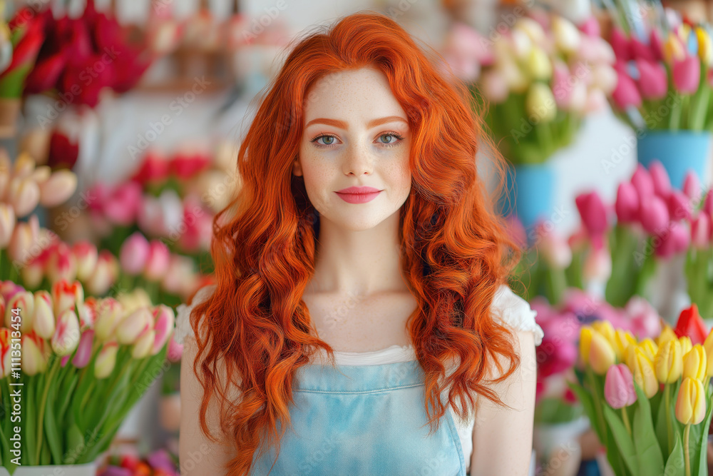Young red-haired woman proudly presents her vibrant flower shop filled with colorful tulips and lush arrangements during a sunny afternoon