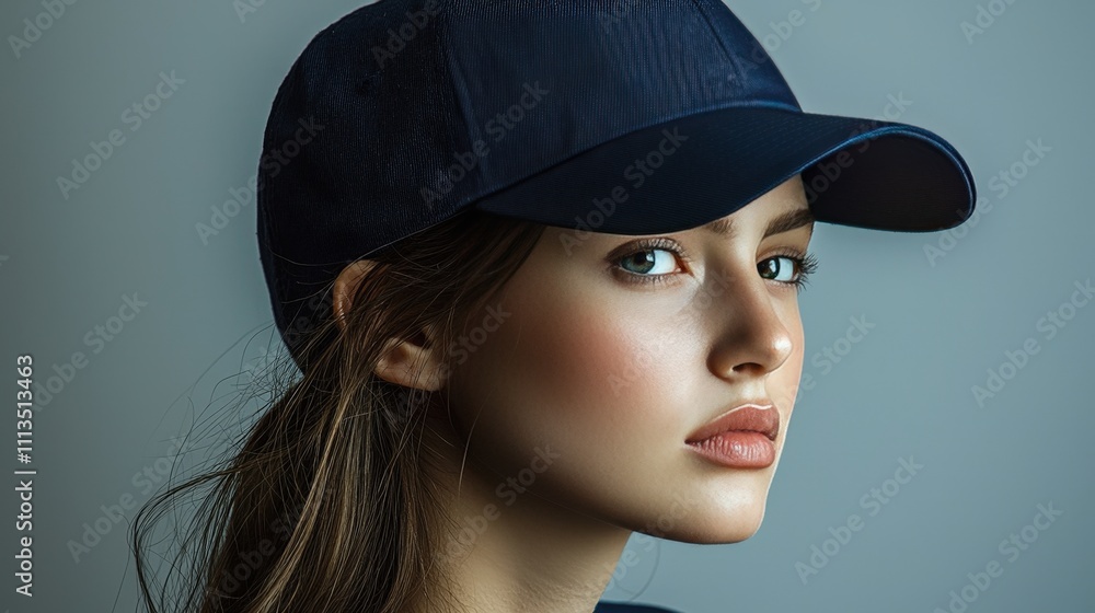 Portrait of a young woman in a blue cap with natural makeup Portrait of a young woman in a blue cap with natural makeup