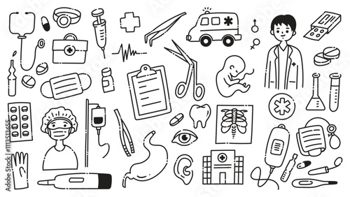 Medical and Healthcare Doodle Icon Set | Hand-Drawn Line Art Illustrations of Doctors, Nurses, Medical Equipment, and Healthcare Tools for Design Projects