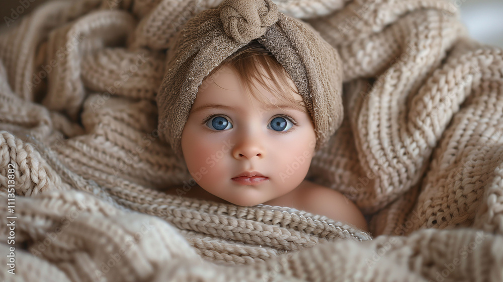 Baby Wrapped in Cozy Beige Knitted Blanket Baby Wrapped in Cozy Beige Knitted Blanket