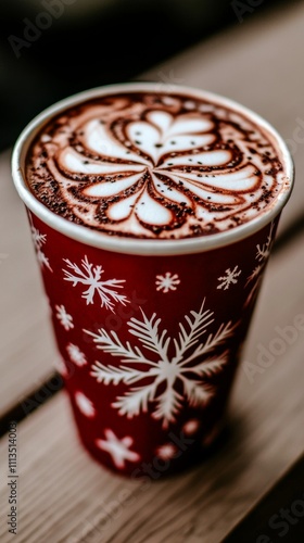 Christmas themed cup of latte, macchiato, coffee with cream on counter top. Coffee to go. Blank labeled cup.	Holiday design. photo