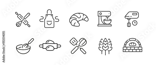 Bakery icons. Set of 10 bakery trendy minimal icons. Example: Oven, Open Sign, Cake, Whisk, Croissant icon. Design signs for web page, mobile app, packaging design. Vector illustration.