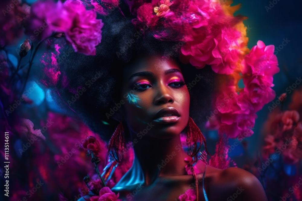 Fototapeta premium A woman with dark skin and afro hair surrounded by pink flowers in a neon glow. AI generative. .