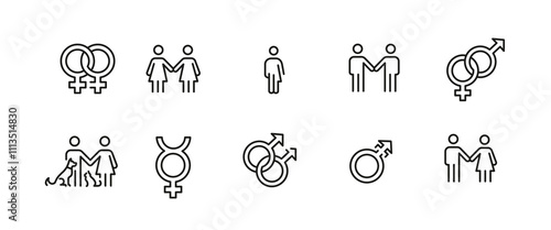 Gender symbols icons. Set of 10 trendy minimal gender-related icons. Example: Male Symbol, Female Symbol, Intersex, Gender Equality icons. Design signs for web page, infographics. Vector illustration