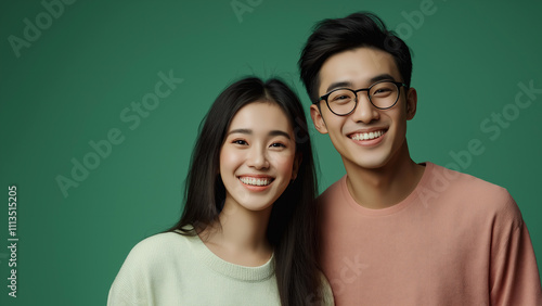 Asian couple, copy space, single color background