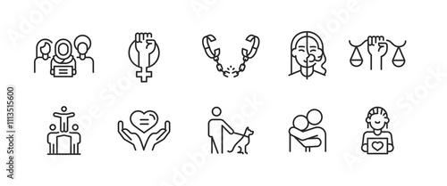 Equality icons. Set of 10 Equality trendy minimal icons representing diverse social issues, including gender equality, accessibility, unity. Design signs for web page, mobile app. Vector illustration